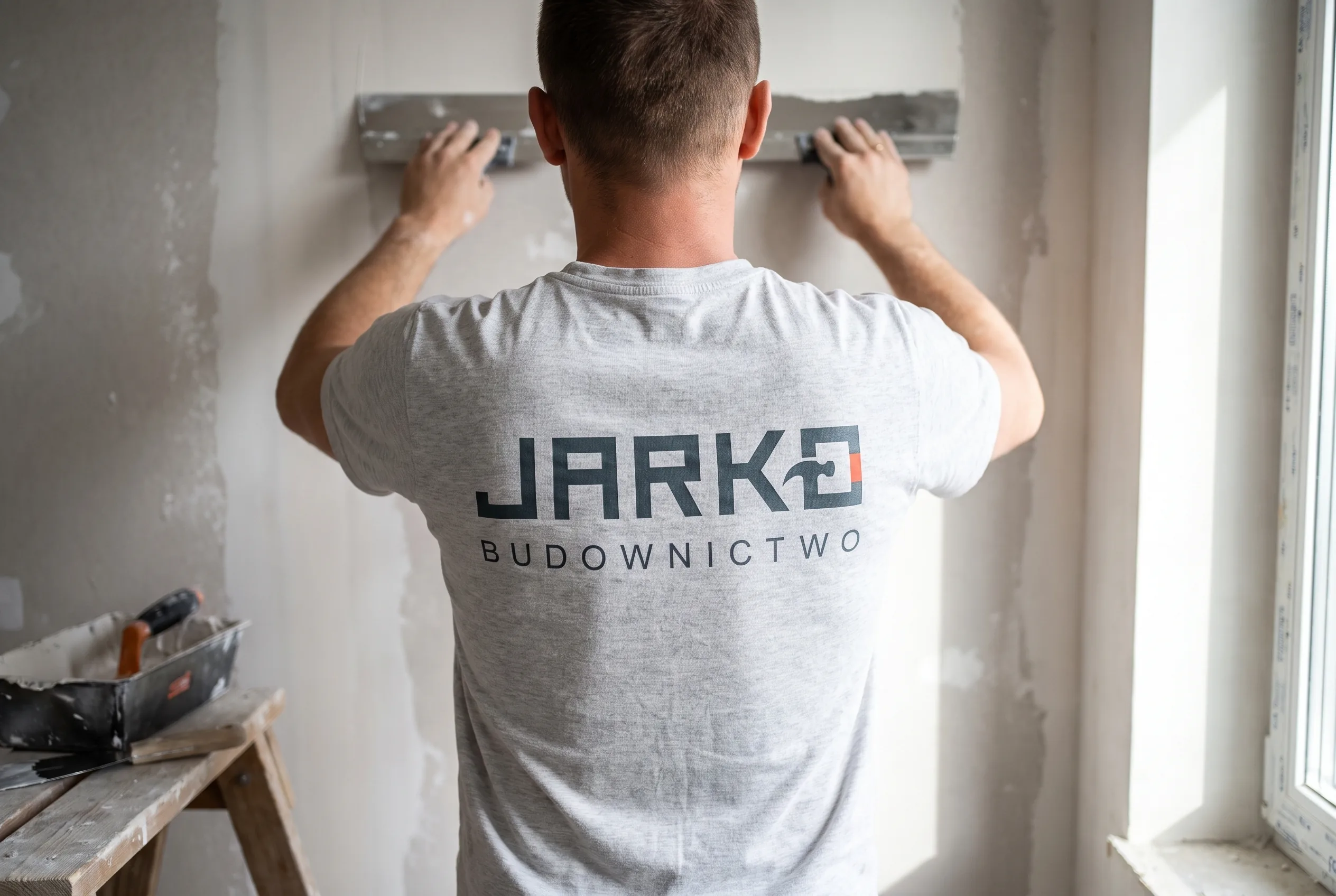 Pracownik wygładza ścianę szeroką pacą; obok na koziołku leżą kielnie i wiadro z gotową gładzią